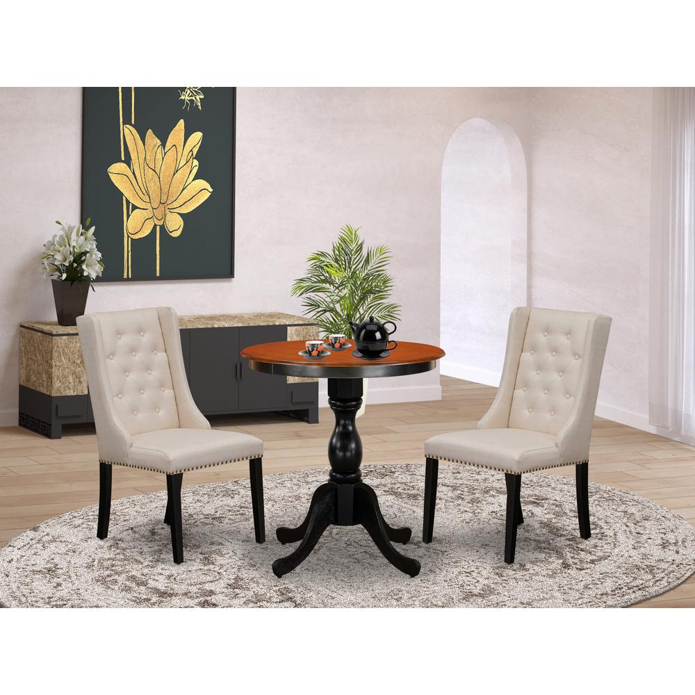 East West Furniture 3-Piece Mid Century Dining Set Consist of Dining Table and 2 Cream Linen Fabric Parson Chairs with Button Tufted Back - Black Finish