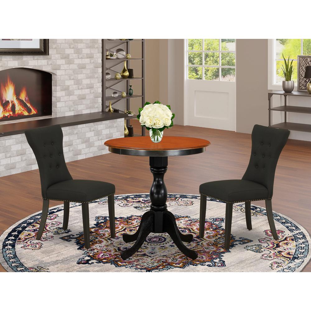 East West Furniture 3-Piece Modern Dining Set Contains a Dinner Table and 2 Black Linen Fabric Parson Chairs with Button Tufted Back - Black Finish