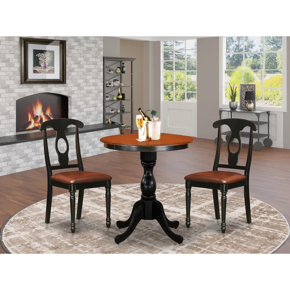 East West Furniture 3-Piece Table Set Contains a Dinner Table and 2 Faux Leather Kitchen Chairs with Napoleon Back - Black Finish