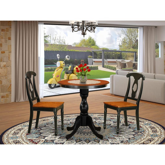 East West Furniture 3-Piece Dining Table Set Contains a Wood Table and 2 Mid Century Dining Chairs with Napoleon Back - Black Finish