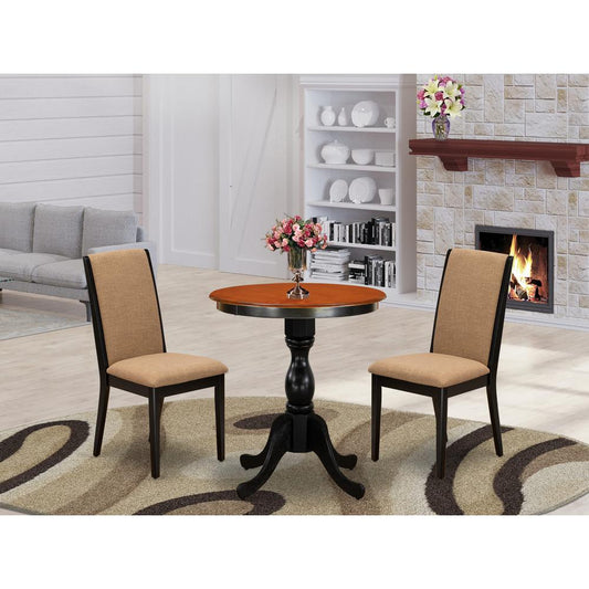 East West Furniture 3-Piece Dinner Table Set Include a Wood Table and 2 Light Sable Linen Fabric Padded Chairs with Stylish High Back - Black Finish