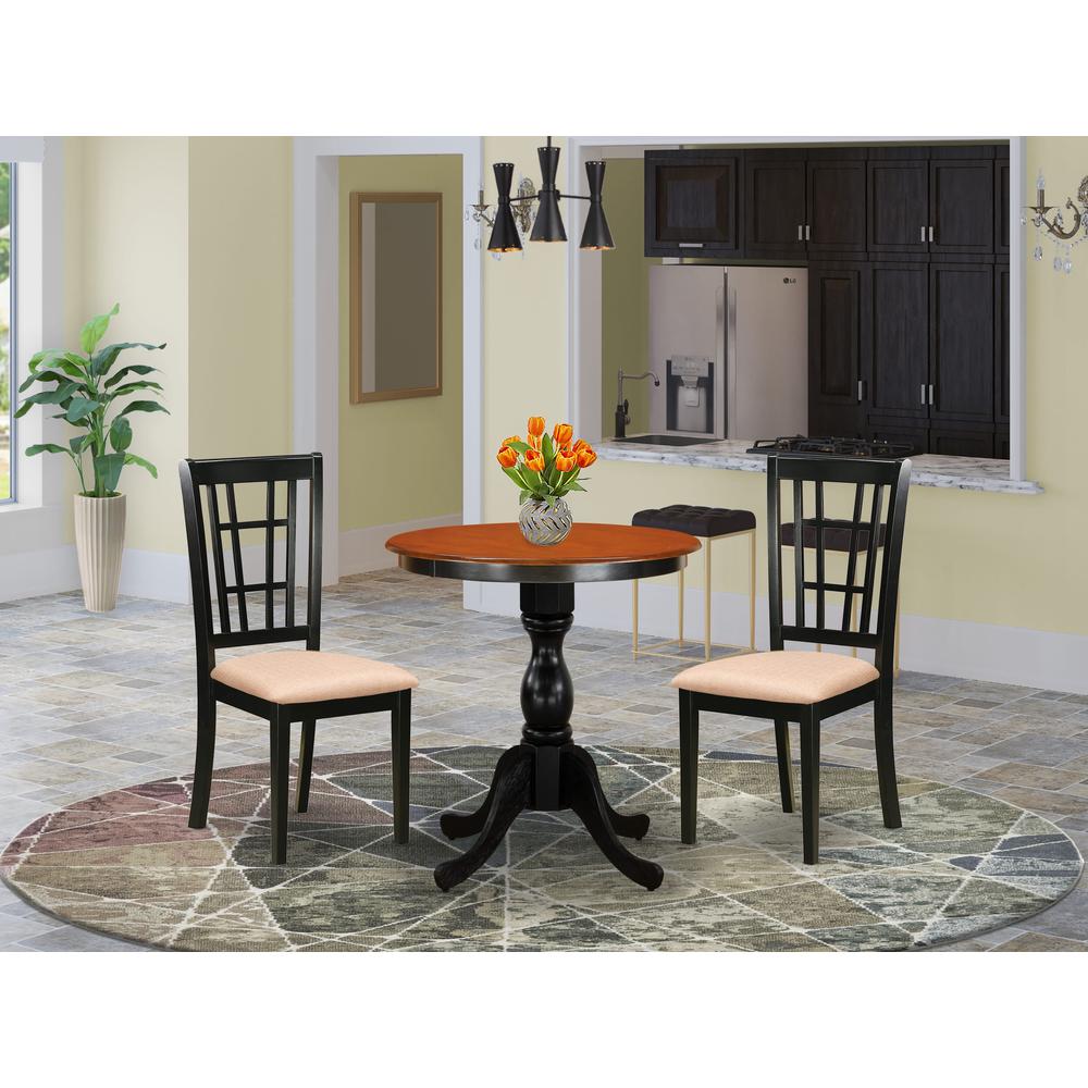 East West Furniture 3-Piece Dining Table Set Include a Modern Dining Table and 2 Linen Fabric Dining Room Chairs with Slatted Back- Black Finish