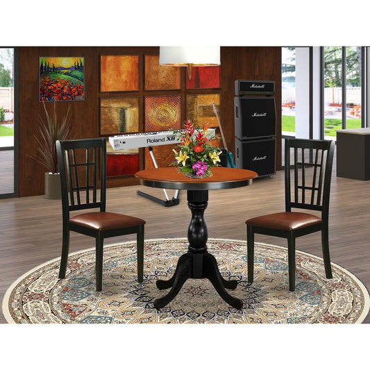 East West Furniture 3-Piece Mid Century Dining Set Include a Dining Table and 2 Faux Leather Dining Chairs with Slatted Back - Black Finish