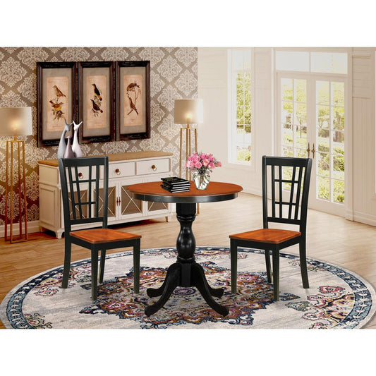 East West Furniture 3-Piece Dining Table Set Include a Round Dining Table and 2 Wooden Chairs with Slatted Back - Black Finish