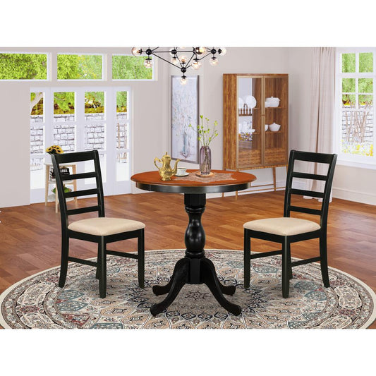 East West Furniture 3-Piece Dining Room Set Include a Wood Table and 2 Linen Fabric Kitchen Chairs with Ladder Back - Black Finish