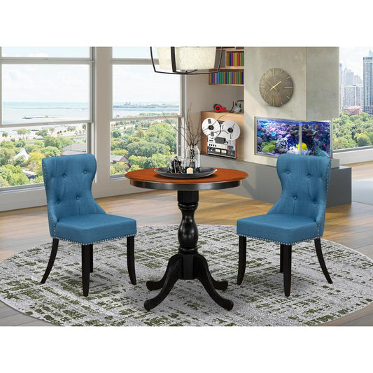 East West Furniture 3-Piece Modern Dining Set Include a Wooden Table and 2 Blue Linen Fabric Dining Room Chairs with Button Tufted Back - Black Finish