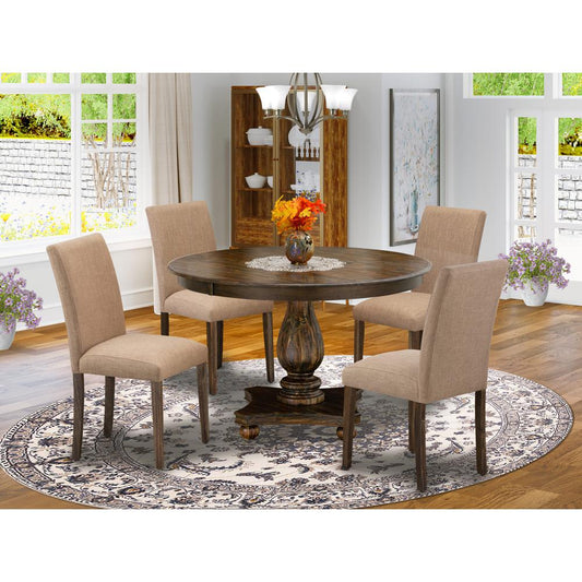 East West Furniture 5 Piece Kitchen Dining Table Set Includes a Dining Table and 4 Light Sable Linen Fabric Dining Chairs with High Back - Distressed Jacobean Finish