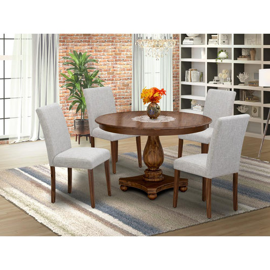 East West Furniture 5-Piece Dinette Set - Pedestal Dinner Table and 4 Doeskin Color Parson Wooden Chairs with High Back - Antique Walnut Finish