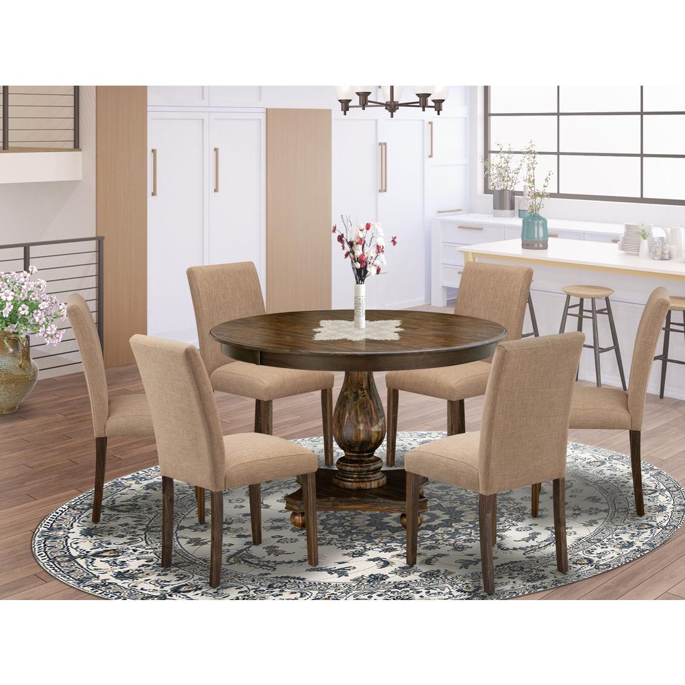 East West Furniture 7 Piece Dining Room Set Contains a Modern Dining Table and 6 Light Sable Linen Fabric Dining Chairs with High Back - Distressed Jacobean Finish