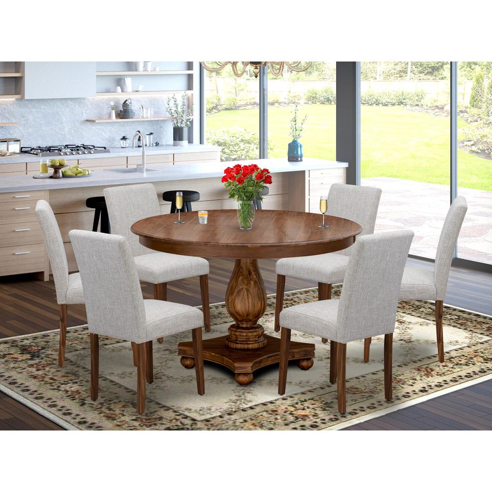 East West Furniture 7-Piece Dinette Set - Kitchen Pedestal Table and 6 Doeskin Color Parson Wood Chairs with High Back - Antique Walnut Finish