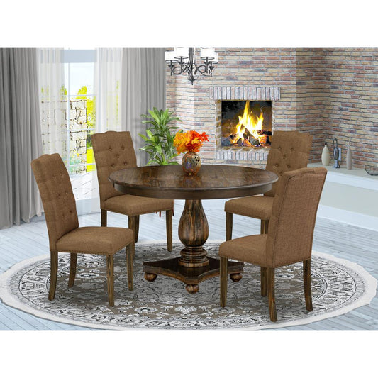 East West Furniture 5 Piece Table Set Consists of a Dining Room Table and 4 Brown Linen Fabric Mid Century Chairs with Button Tufted Back - Distressed Jacobean Finish