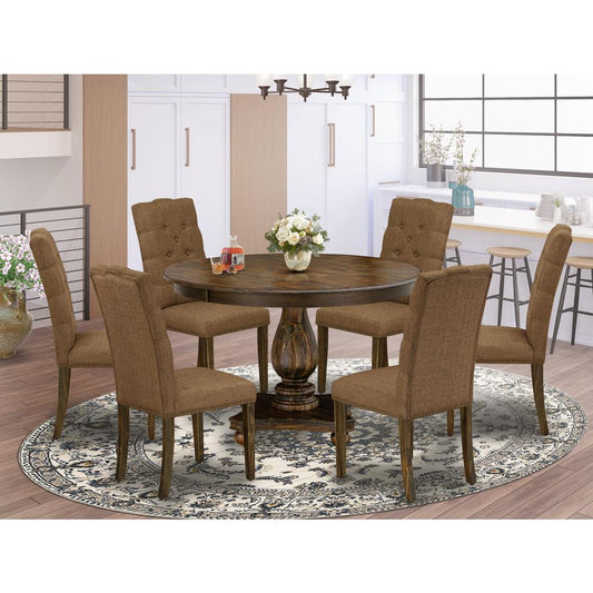 East West Furniture 7 Piece Modern Dining Table Set Consists of a Wooden Table and 6 Brown Linen Fabric Parson Chairs with Button Tufted Back - Distressed Jacobean Finish