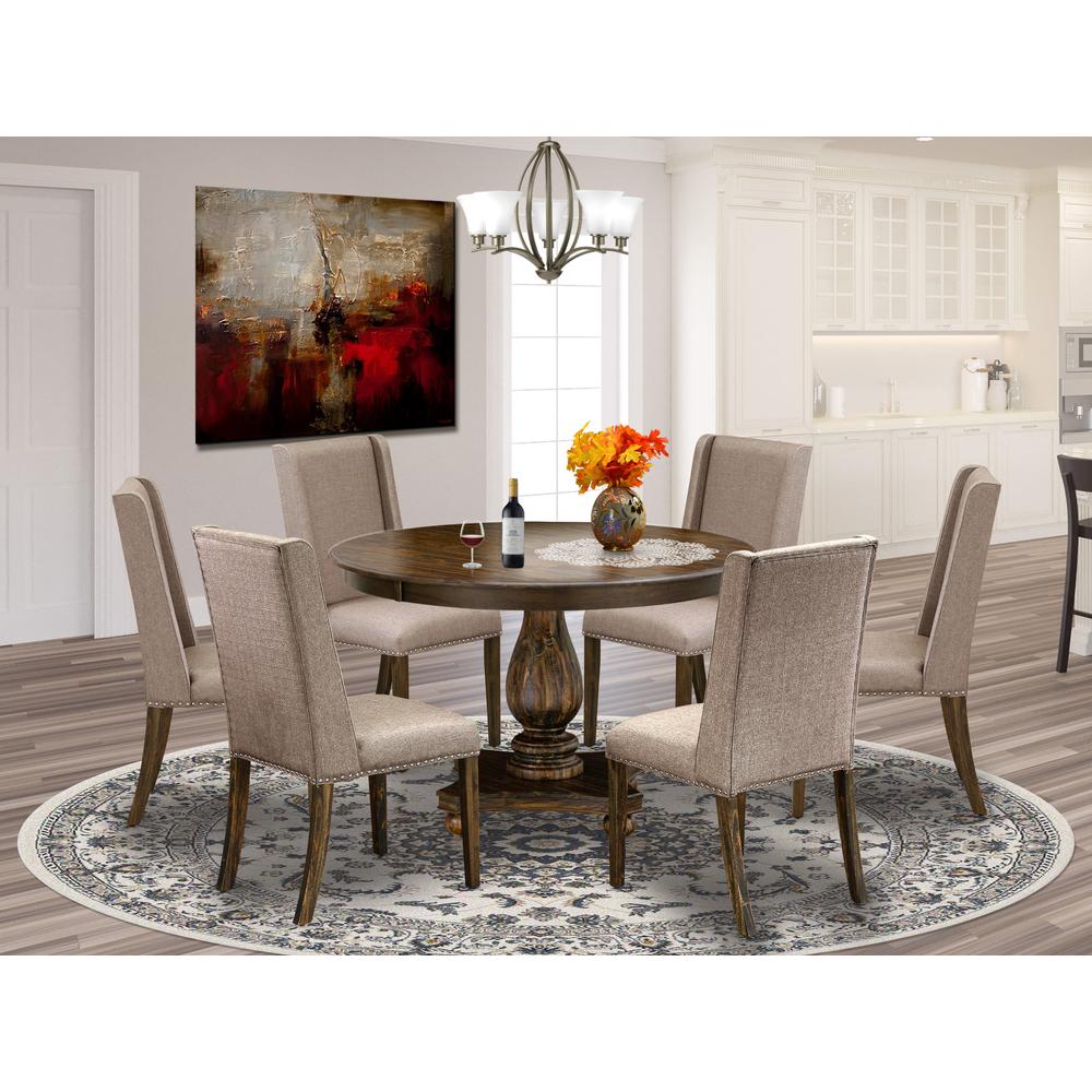 East West Furniture 7 Piece Modern Dining Set Contains a Dining Room Table and 6 Dark Khaki Linen Fabric Parson Chairs with High Back - Distressed Jacobean Finish