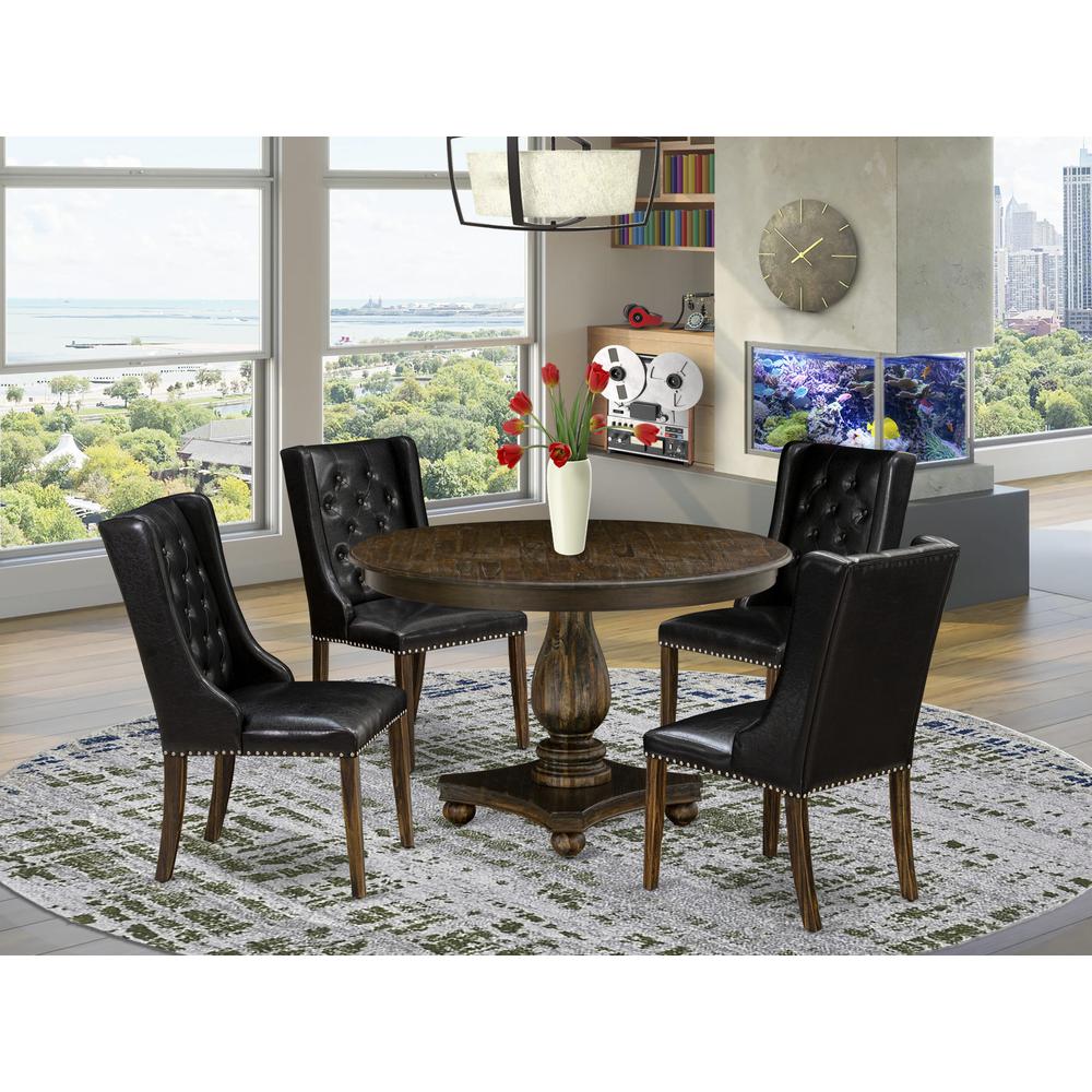 East West Furniture 5 Piece Dining Room Table Set Includes a Modern Dining Table and 4 Black PU Leather Kitchen Chairs with Button Tufted Back - Distressed Jacobean Finish