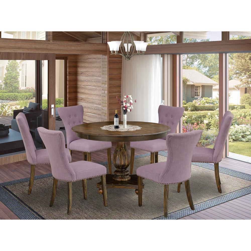 East West Furniture 7 Piece Dining Table Set Consists of a Wood Dining Table and 6 Dahlia Linen Fabric Mid Century Dining Chairs with Button Tufted Back - Distressed Jacobean Finish