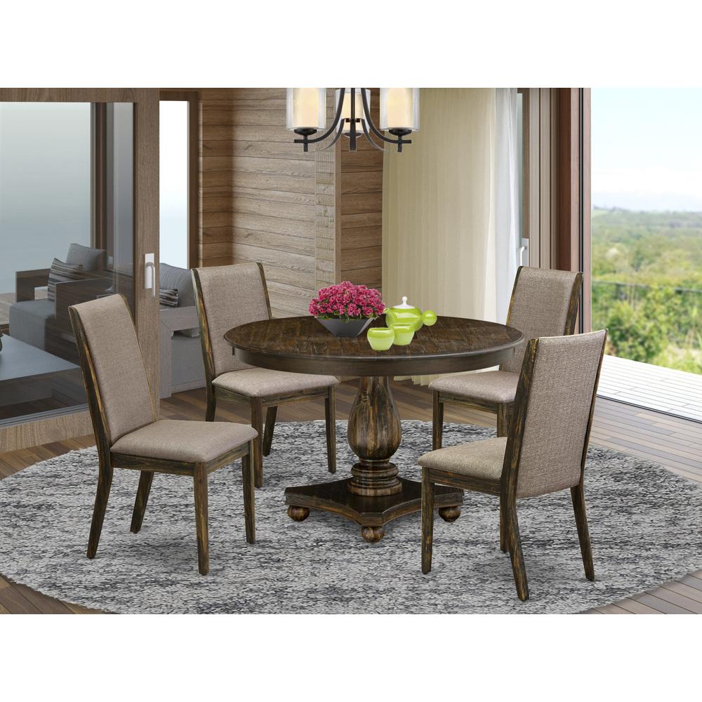 East West Furniture 5 Piece Dining Room Set Includes a Modern Dining Table and 4 Dark Khaki Linen Fabric Mid Century Dining Chairs with High Back - Distressed Jacobean Finish