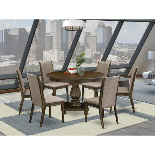 East West Furniture 7 Piece Dining Set Contains a Mid Century Modern Dining Table and 6 Dark Khaki Linen Fabric Dining Room Chairs with High Back - Distressed Jacobean Finish