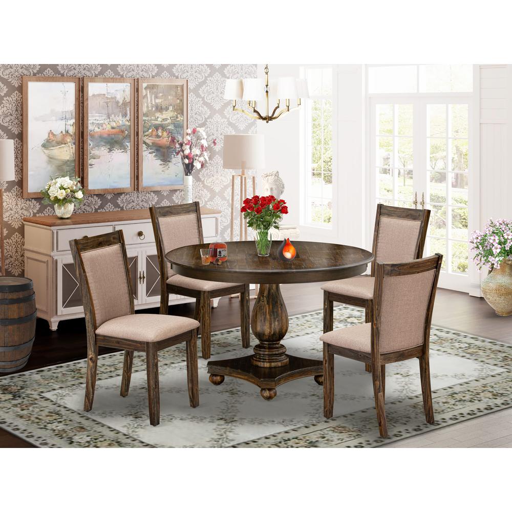 East West Furniture 5 Piece Dinner Table Set Includes a Kitchen Table and 4 Dark Khaki Linen Fabric Upholstered Dining Chairs with High Back - Distressed Jacobean Finish