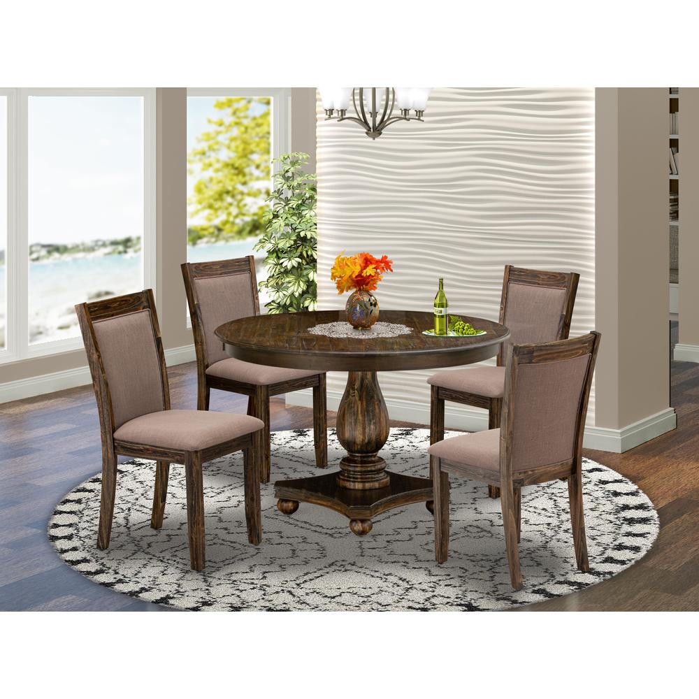 East West Furniture 5-Pc Dining Set - Pedestal Dinette Table and 4 Coffee Color Parson Chairs with High Back - Distressed Jacobean Finish