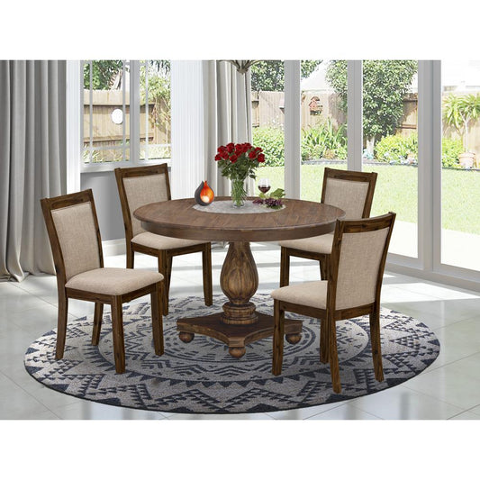 F2MZ5-N04 5-Pc Kitchen Dining Table Set - Pedestal Table and 4 Light Tan Parson Chairs with High Back - Antique Walnut Finish