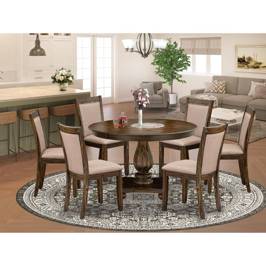 East West Furniture 7 Piece Dinner Table Set Includes a Dining Table and 6 Dark Khaki Linen Fabric Dining Chairs with High Back - Distressed Jacobean Finish