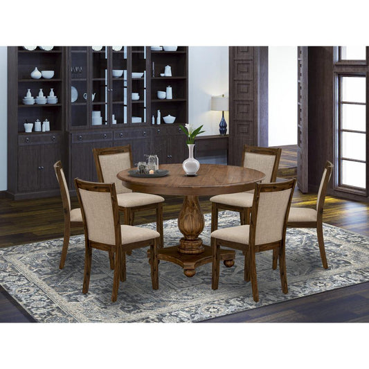 F2MZ7-N04 7-Pc Modern Dining Set - Wooden Pedestal Table and 6 Light Tan Parson Chairs with High Back - Antique Walnut Finish