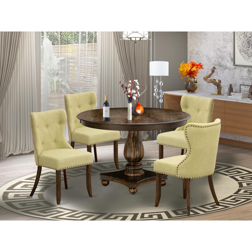 East West Furniture 5-Piece Kitchen Table Set - Pedestal Dining Table and 4 Limelight Color Parson Dining Room Chairs with Button Tufted Back - Distressed Jacobean Finish