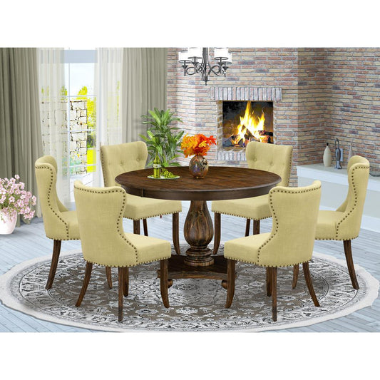 East West Furniture 7-Piece Pedestal Dinette Set - Round Dining Room Table and 6 Limelight Color Parson Wood Dining Chairs with Button Tufted Back - Distressed Jacobean Finish