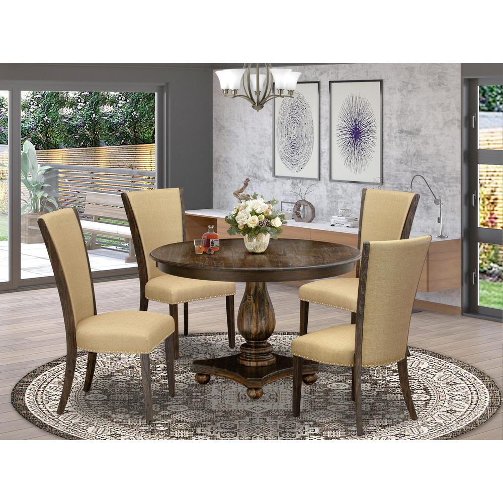 East West Furniture 5-Piece Modern Dining Set - Pedestal Dining Table and 4 Brown Color Parson Dining Chairs with High Back - Distressed Jacobean Finish