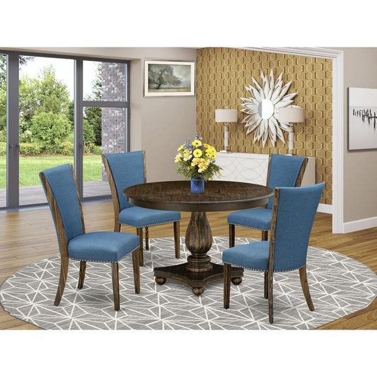 East West Furniture 5-Piece Modern Dining Set - Pedestal Dinning Table and 4 Blue Color Parson Dining Room Chairs with High Back - Distressed Jacobean Finish