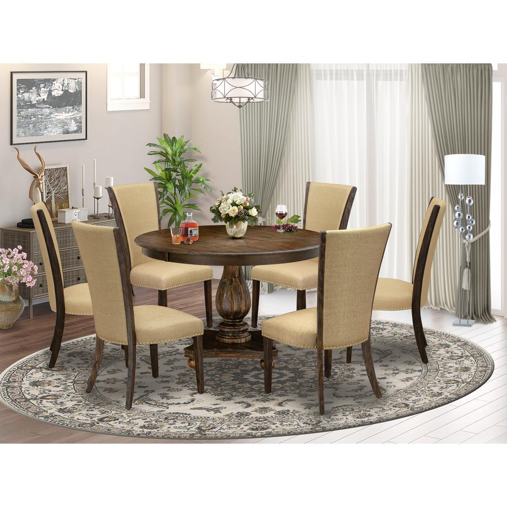 East West Furniture 7-Piece Modern Dining Set - Pedestal Dining Table and 6 Brown Color Parson Padded Chairs with High Back - Distressed Jacobean Finish