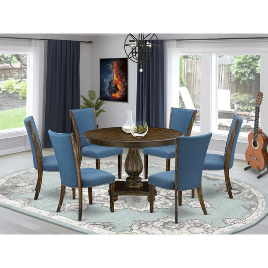 East West Furniture 7-Pc Kitchen Table Set - Pedestal Dining Table and 6 Blue Color Parson Kitchen Chairs with High Back - Distressed Jacobean Finish