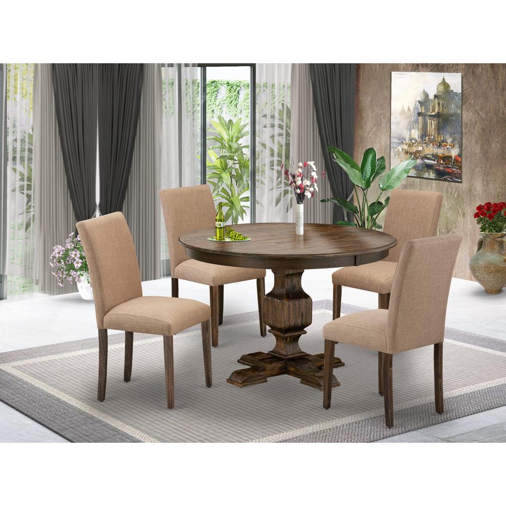 East West Furniture 5 Piece Dining Set Consists of a Mid Century Dining Table and 4 Light Sable Linen Fabric Upholstered Chairs with High Back - Distressed Jacobean Finish