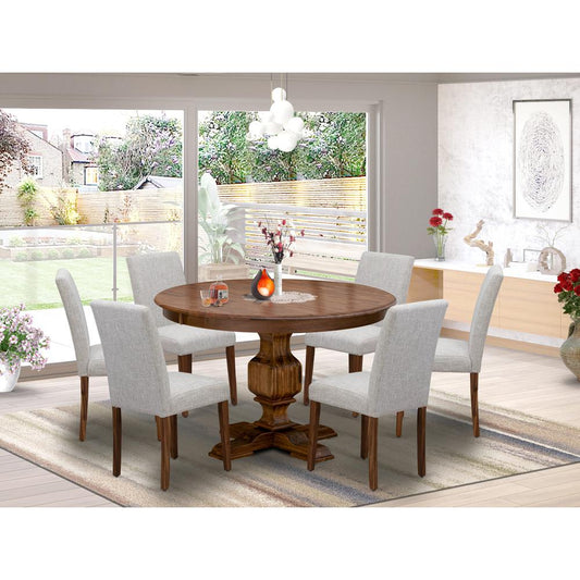 East West Furniture 7-Pc Kitchen Table Set - Pedestal Dining Table and 6 Doeskin Color Parson Padded Chairs with High Back - Antique Walnut Finish