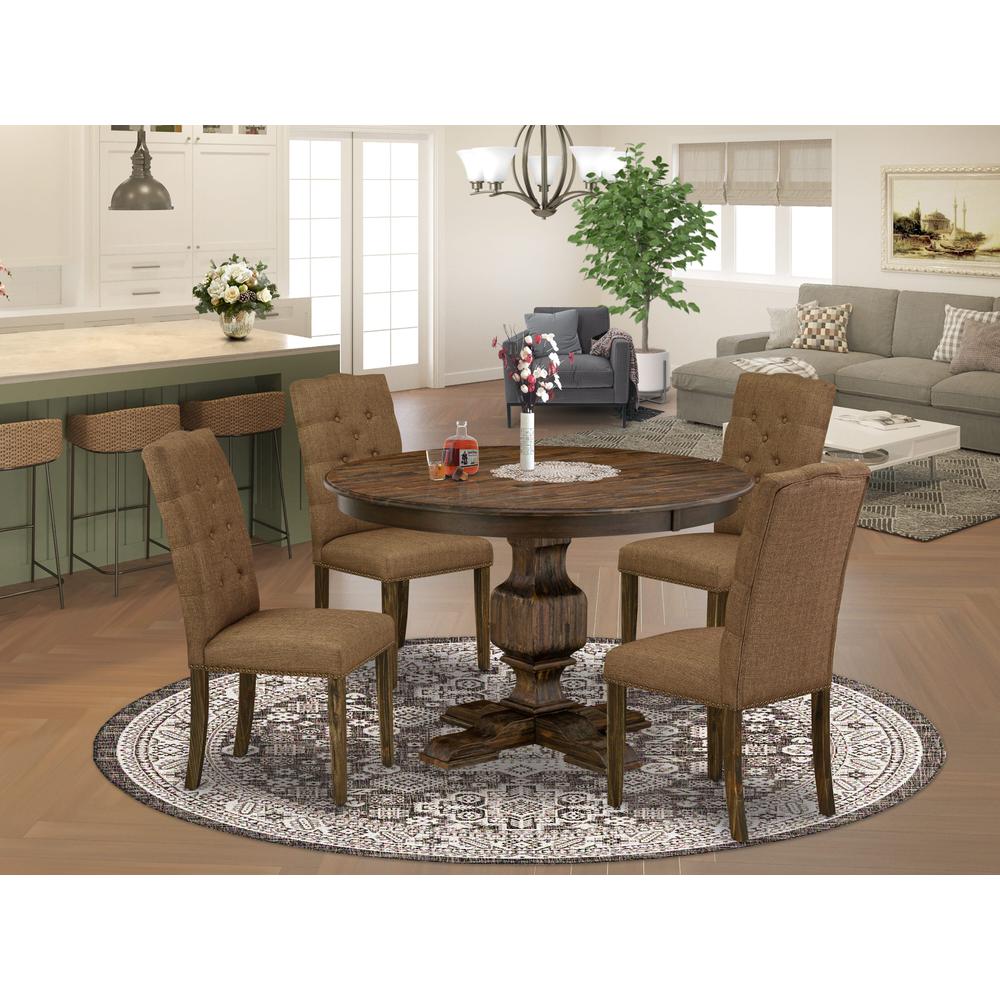 East West Furniture 5 Piece Dining Set Contains a Modern Dining Table and 4 Brown Linen Fabric Dining Chairs with Button Tufted Back - Distressed Jacobean Finish