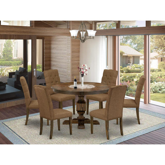 East West Furniture 7 Piece Mid Century Modern Dining Set Includes a Dining Table and 6 Brown Linen Fabric Dining Chairs with Button Tufted Back - Distressed Jacobean Finish