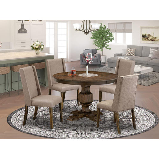 East West Furniture 5 Piece Dining Set Contains a Modern Dining Table and 4 Dark Khaki Linen Fabric Modern Dining Chairs with High Back - Distressed Jacobean Finish