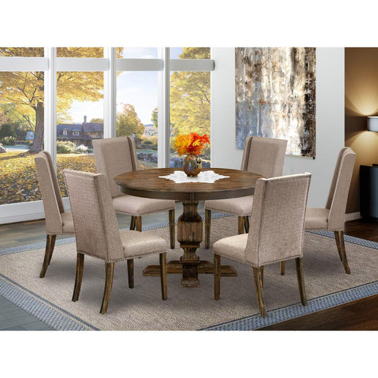 East West Furniture 7 Piece Dining Table Set Contains a Wooden Dining Table and 6 Dark Khaki Linen Fabric Dining Room Chairs with High Back - Distressed Jacobean Finish