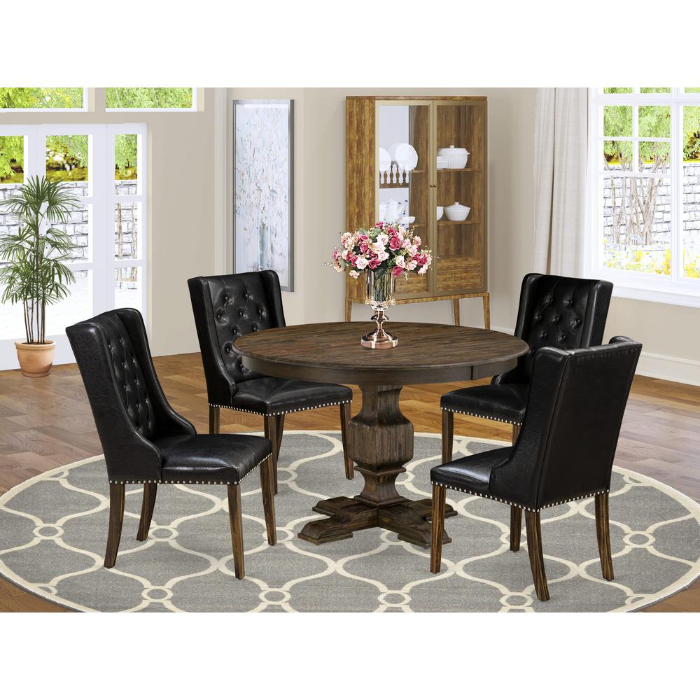 East West Furniture 5 Piece Dinner Table Set Consists of a Wooden Dining Table and 4 Black PU Leather Mid Century Dining Chairs with Button Tufted Back - Distressed Jacobean Finish