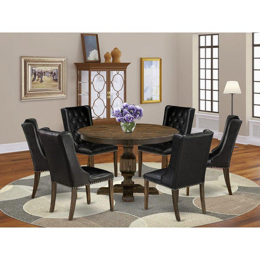 East West Furniture 7 Piece Kitchen Dining Table Set Consists of a Dinner Table and 6 Black PU Leather Dining Room Chairs with Button Tufted Back - Distressed Jacobean Finish