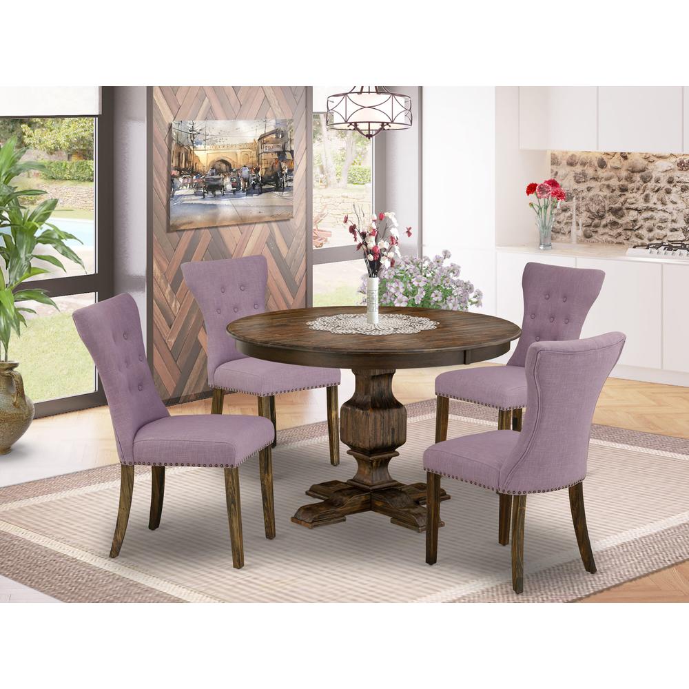 East West Furniture 5 Piece Dining Room Table Set Contains a Dinner Table and 4 Dahlia Linen Fabric Upholstered Chairs with Button Tufted Back - Distressed Jacobean Finish