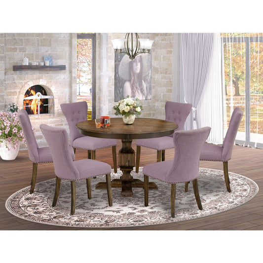 East West Furniture 7 Piece Modern Dining Set Includes a Dining Table and 6 Dahlia Linen Fabric Dining Chairs with Button Tufted Back - Distressed Jacobean Finish