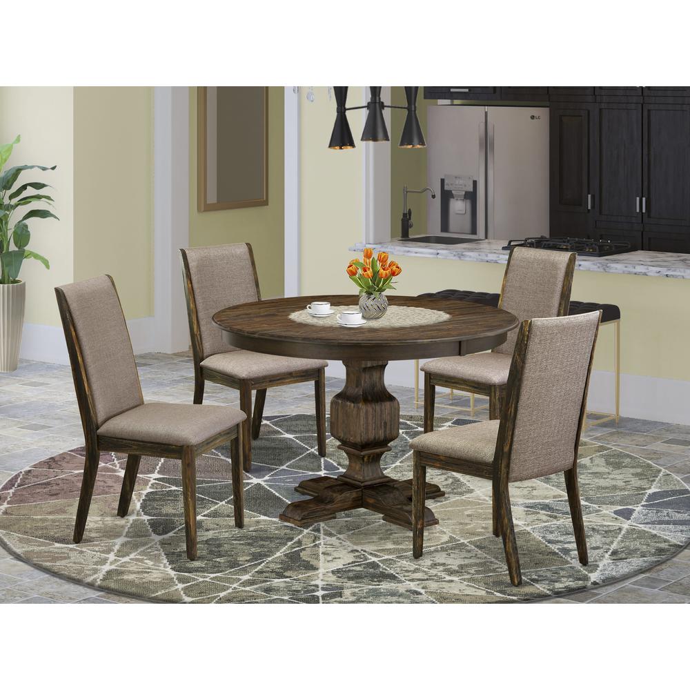 East West Furniture 5 Piece Modern Dining Set Consists of a Modern Kitchen Table and 4 Dark Khaki Linen Fabric Mid Century Modern Dining Chairs with High Back - Distressed Jacobean Finish