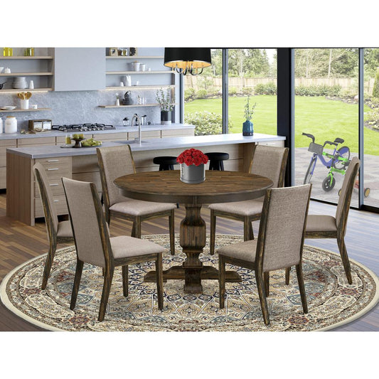 East West Furniture 7 Piece Kitchen Table Set Contains a Kitchen Table and 6 Dark Khaki Linen Fabric Dining Room Chairs with High Back - Distressed Jacobean Finish