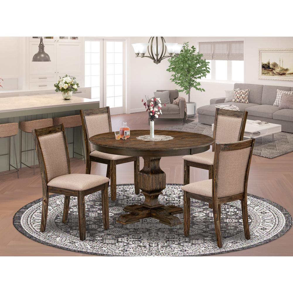 East West Furniture 5 Piece Modern Dining Table Set Consists of a Dining Room Table and 4 Dark Khaki Linen Fabric Upholstered Dining Chairs with High Back - Distressed Jacobean Finish