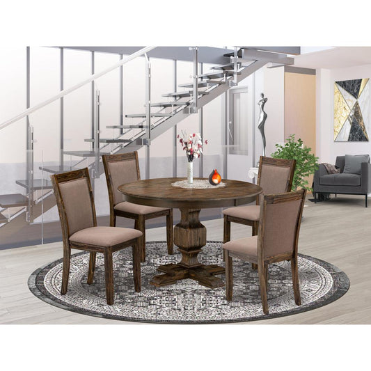 East West Furniture 5-Pc Dining Set - Kitchen Pedestal Table and 4 Coffee Color Parson Padded Chairs with High Back - Distressed Jacobean Finish