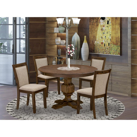 East West Furniture 5-Piece Dinner Table Set - Pedestal Dining Table and 4 Light Tan Color Parson Dining Chairs with High Back - Antique Walnut Finish