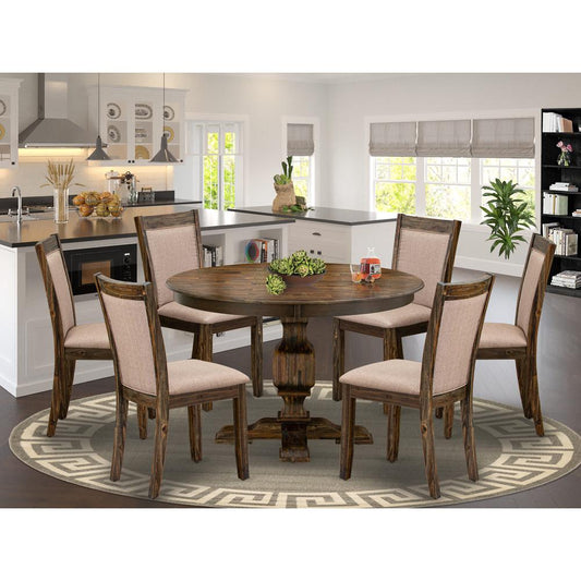 East West Furniture 7 Piece Kitchen Table Set Contains a Dinner Table and 6 Dark Khaki Linen Fabric Mid Century Modern Chairs with High Back - Distressed Jacobean Finish