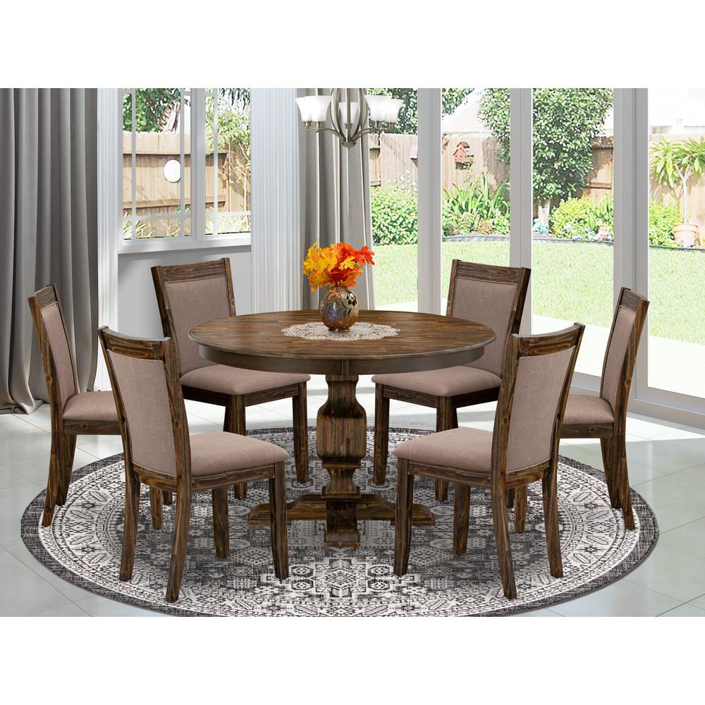 East West Furniture 7-Pc Dining Set - Kitchen Pedestal Table and 6 Coffee Color Parson Chairs with High Back - Distressed Jacobean Finish