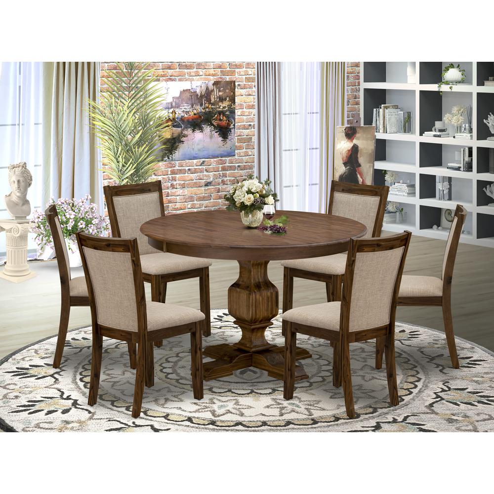 East West Furniture 7-Pc Dining Table Set - Modern Pedestal Dining Table and 6 Light Tan Color Parson Dining Chairs with High Back - Antique Walnut Finish